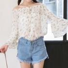 Floral Print Off-shoulder Bell-sleeve Chiffon Blouse