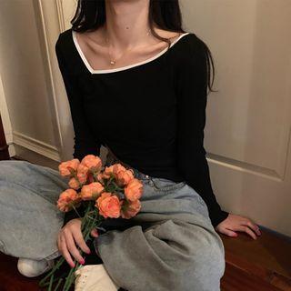 Contrast Trim Skew-neck Knit Top Black - One Size