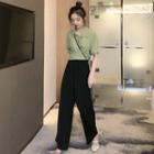 Short-sleeve Tie-waist Shirt / Wide Leg Pants