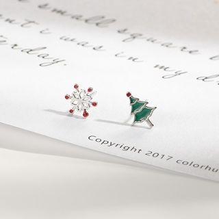 Alloy Snowflake & Christmas Tree Earring R580 - Red Bead - Silver & Green - One Size