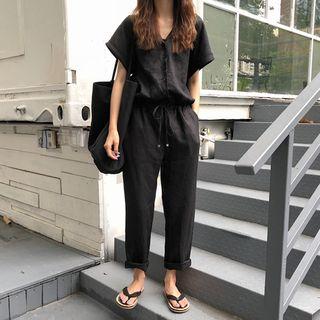 Short-sleeve V-neck Drawstring Waist Jumpsuit
