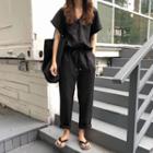 Short-sleeve V-neck Drawstring Waist Jumpsuit