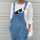Washed Denim Long Overall Dress Blue - One Size