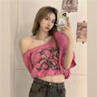 Elbow-sleeve Off-shoulder Print Chained T-shirt