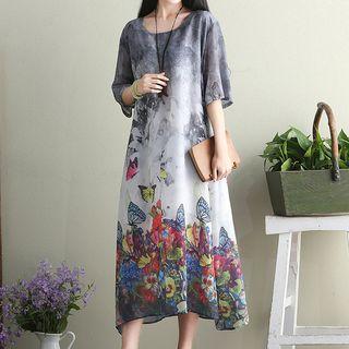 Butterfly Print Elbow Sleeve Midi Dress
