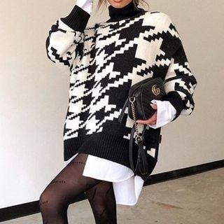 Long Sleeve Mock Neck Houndstooth Oversized Sweater