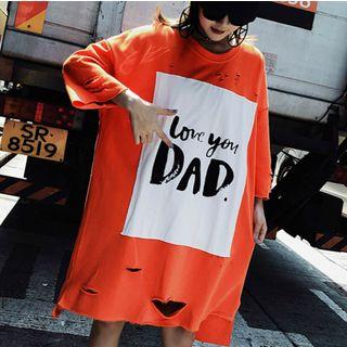 3/4-sleeve Lettering Ripped T-shirt