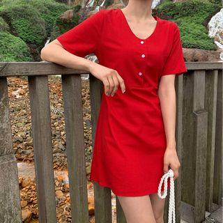 Short Sleeve V-neck Mini A-line Dress