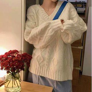 V-neck Plain Cable-knit Sweater White - One Size