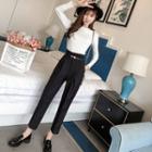 Plain Long-sleeve T-shirt / Cropped Straight-fit Pants / Set