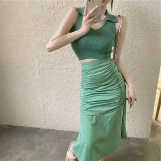 Sleeveless Collared Knit Crop Top / Ruffle Hem Midi Pencil Skirt / Set