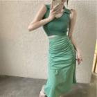 Sleeveless Collared Knit Crop Top / Ruffle Hem Midi Pencil Skirt / Set