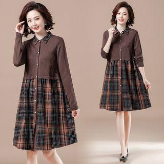 Long-sleeve Plaid Panel Knit Midi Shirtdress