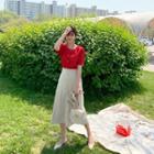Square-neck Puff-shoulder Blouse Red - One Size