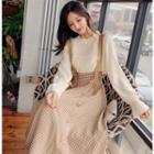 Set: Long-sleeve Frill Trim Chiffon Blouse + Gingham A-line Midi Suspender Skirt