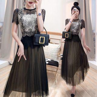 Set: Short-sleeve Top + Pleated Overlay Skirt