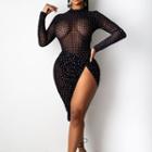 Long-sleeve Rhinestone Sheer Mini Bodycon Dress