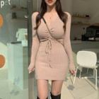 Long Sleeve V-neck Drawstring Sheath Dress