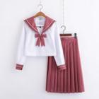 Set: Sailor Collared Long-sleeve Top + Short / Long Pleated Skirt