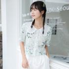 Floral Embroider Button-up Cropped Blouse Shirt - One Size