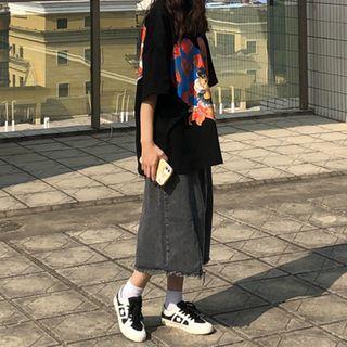 High-waist Washed Denim Split A-line Skirt