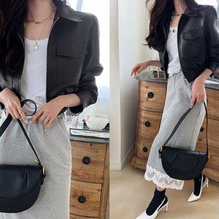 Smocked-waist Cropped Faux Leather Jacket Black - One Size