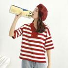 Striped Short-sleeve Lapel Collar Top