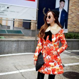 Furry-collar Print Padded Coat