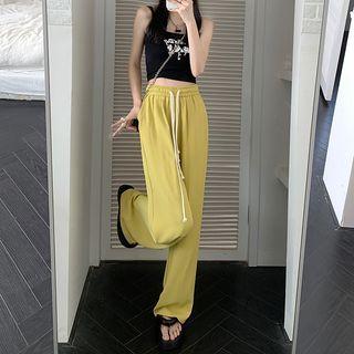 High Waist Drawstring Plain Loose-fit Pants