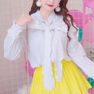 Long-sleeve Ruffled Bow Blouse White - One Size