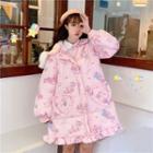 Furry Trim Hooded Printed Padded Coat Pink - One Size