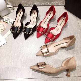 Buckled Synthetic Silk Pointed Kitten Heel Pumps
