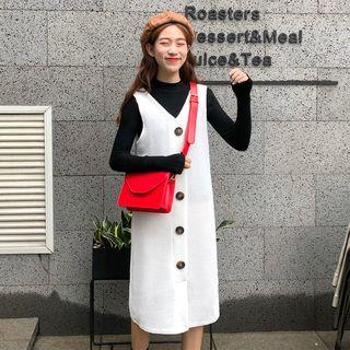 Long-sleeve Mock Neck Knit Top / Sleeveless Button-front Midi Knit Dress