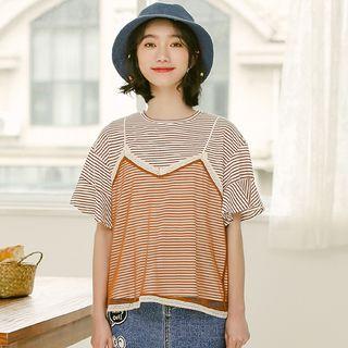 Set: Striped Short-sleeve T-shirt + V-neck Camisole Top