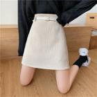 Plain High-waist Corduroy Slit-side Mini A-line Skirt