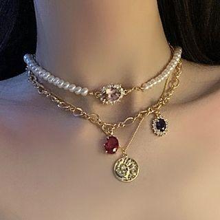 Set Of 3: Faux Pearl Necklace + Rhinestone Necklace + Disc Pendant Necklace Set Of 3 - White & Gold - One Size