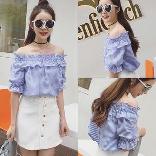 Frilled Trim Striped Off-shoulder Top