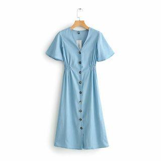 Short-sleeve Button-up Mini Denim Dress