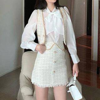 Plain Tie-neck Blouse / Tweed Open Front Vest / Mini A-line Skirt / Set