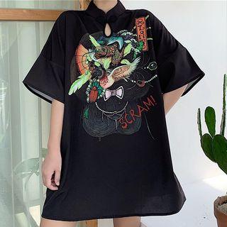 Elbow-sleeve Frog Buttoned Printed A-line Mini Dress Black - One Size