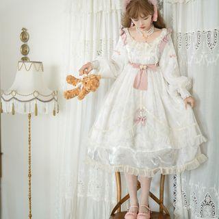 Printed Ruffle Bow Accent A-line Dress / Necklace / Set