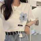 Elbow-sleeve Floral Embellished T-shirt