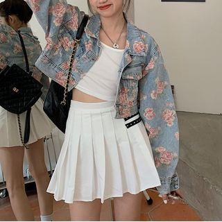 Floral Print Denim Jacket Pink Floral - Blue - One Size