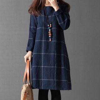 Plaid Long-sleeve A-line Linen Dress