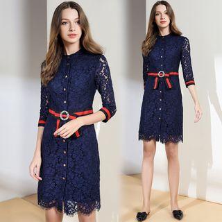 3/4 Sleeve Button Contrast-trim Lace Dress