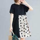 Short-sleeve Dotted Panel Mini Dress Black & Almond - One Size