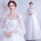 Balloon-sleeve Floral Applique A-line Wedding Gown