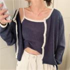 Set: Contrast Trim Cardigan + Spaghetti Strap Knit Top