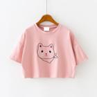 Short-sleeve Cropped Cat Embroidery T-shirt