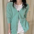 Long-sleeve V-neck Plain Knit Cardigan Green - One Size